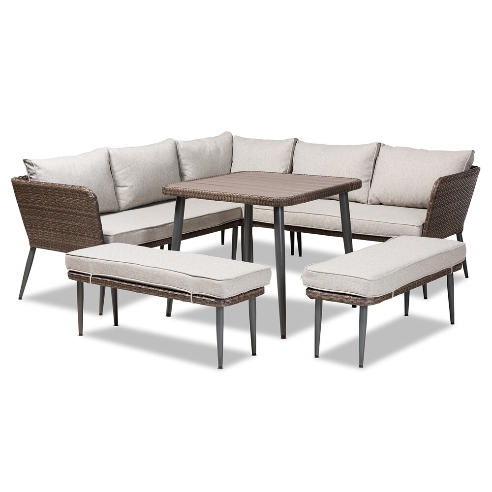 BAXTON STUDIO LILLIAN MODERN AND CONTEMPORARY LIGHT GREY UPHOLSTERED AND BROWN FINISHED 5-PIECE WOVEN RATTAN OUTDOOR PATIO SET