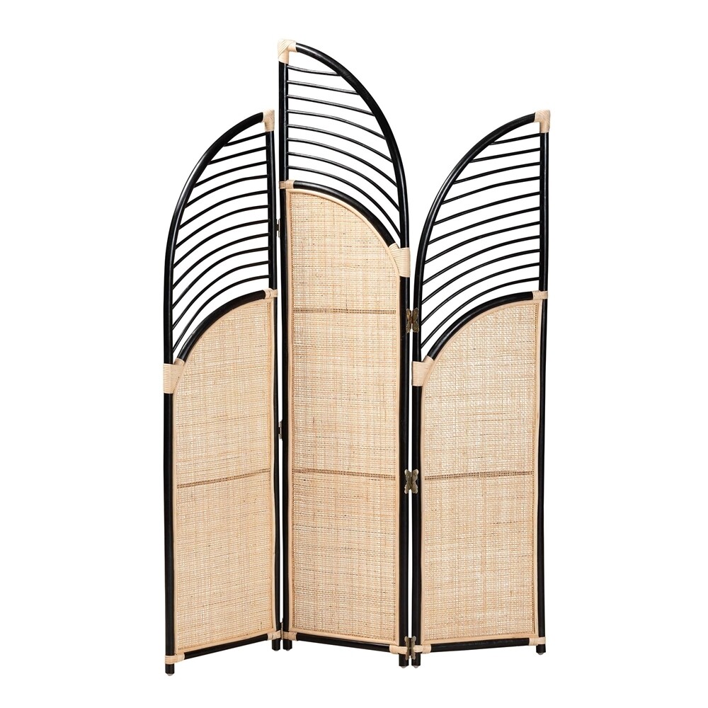 BALI & PARI RASIA MODERN BOHEMIAN TWO-TONE BLACK AND NATURAL BROWN RATTAN ROOM DIVIDER
