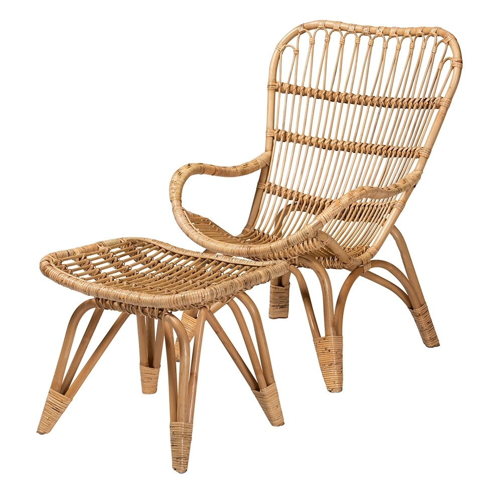 BAXTON STUDIO EARVIN MODERN BOHEMIAN NATURAL BROWN RATTAN 2-PIECE ARMCHAIR AND FOOTSTOOL SET