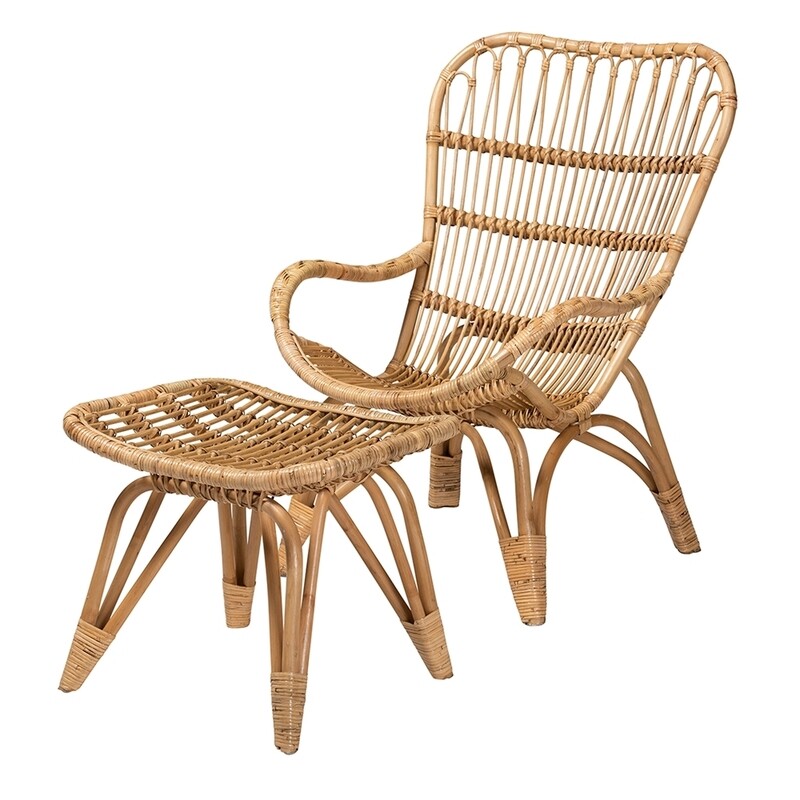 BAXTON STUDIO EARVIN MODERN BOHEMIAN NATURAL BROWN RATTAN 2-PIECE ARMCHAIR AND FOOTSTOOL SET