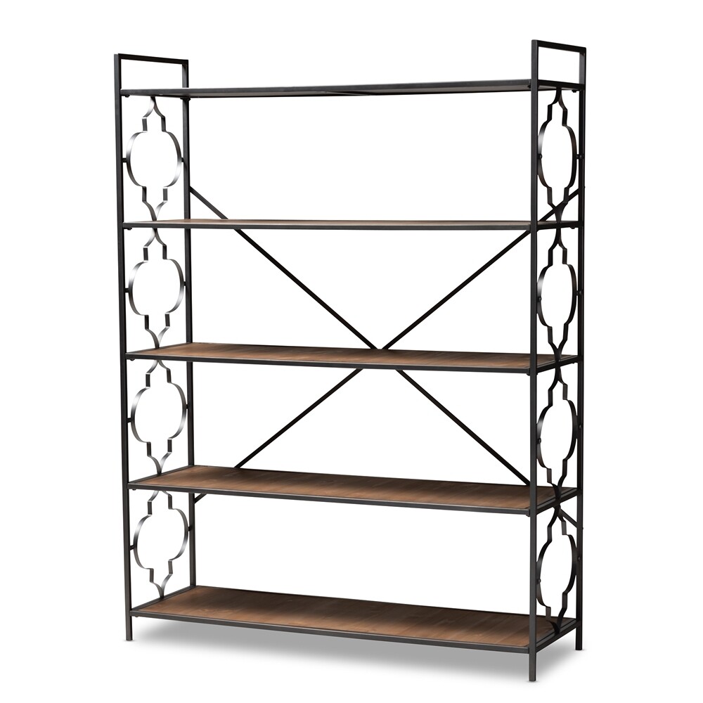 BAXTON STUDIO MIRNA INDUSTRIAL BLACK IRON METAL AND NATURAL OAK WOOD 5-SHELF QUATREFOIL ACCENT BOOKCASE