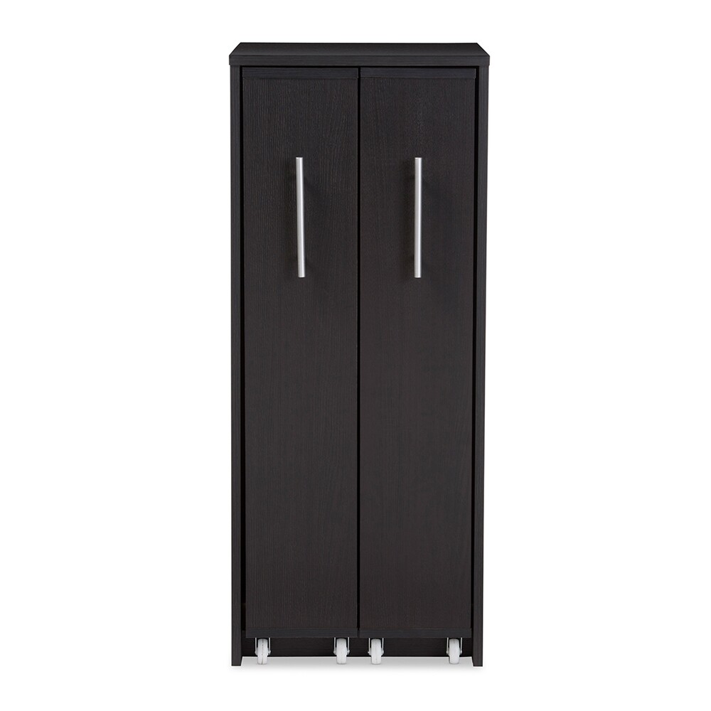 BAXTON STUDIO LINDO DARK BROWN WOOD BOOKCASE WITH TWO PULLED-OUT DOORS SHELVING CABINET