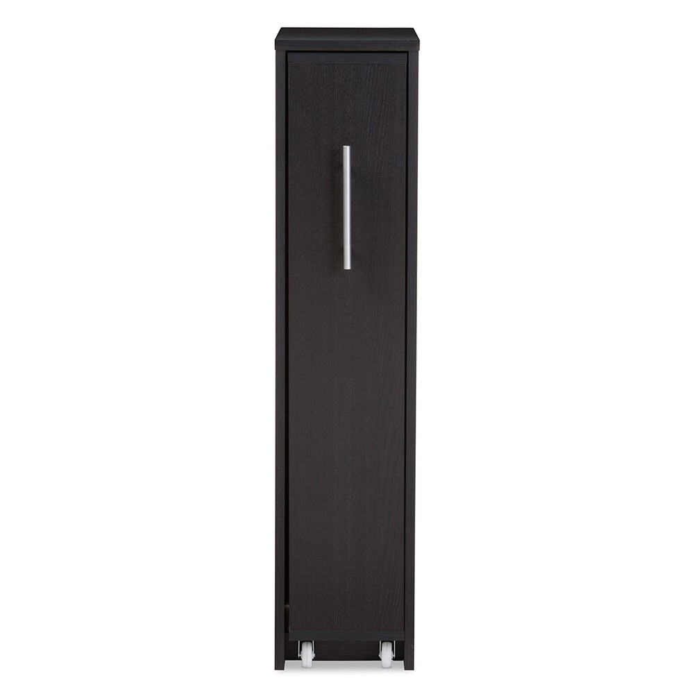 BAXTON STUDIO LINDO DARK BROWN WOOD BOOKCASE WITH ONE PULLED-OUT DOOR SHELVING CABINET