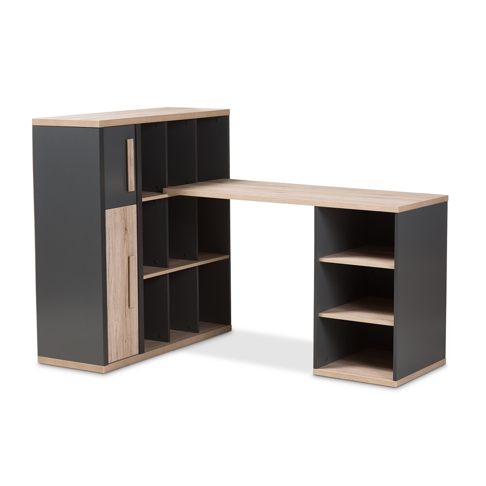 BAXTON STUDIO PANDORA MODERN AND CONTEMPORARY DARK GREY AND LIGHT BROWN TWO-TONE STUDY DESK WITH BUILT-IN SHELVING UNIT