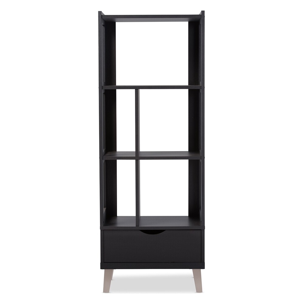 BAXTON STUDIO KALIEN MODERN AND CONTEMPORARY DARK BROWN WOOD LEANING BOOKCASE WITH DISPLAY SHELVES AND ONE DRAWER