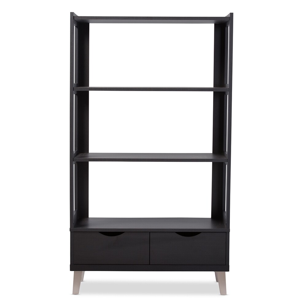 BAXTON STUDIO KALIEN MODERN AND CONTEMPORARY DARK BROWN WOOD LEANING BOOKCASE WITH DISPLAY SHELVES AND TWO DRAWERS