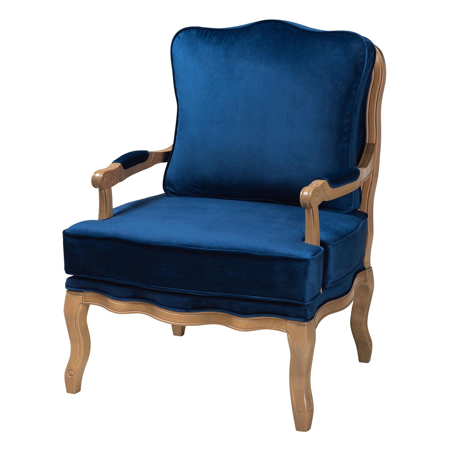 BAXTON STUDIO JULES TRADITIONAL NAVY BLUE FABRIC AND FRENCH OAK BROWN FINISHED WOOD ACCENT CHAIR