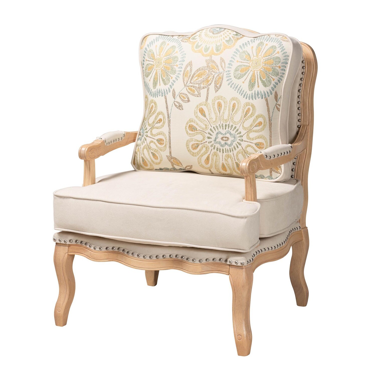 BAXTON STUDIO ANDRE TRADITIONAL FRENCH QUILTED FABRIC AND WHITEWASH FINISHED WOOD ACCENT CHAIR