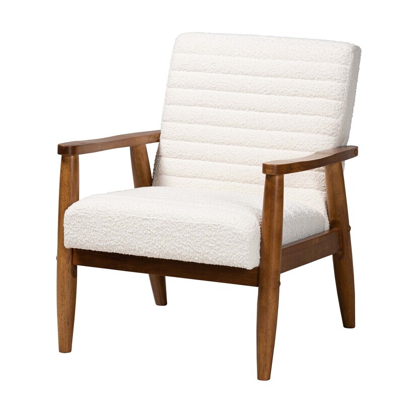 BAXTON STUDIO STRATTON MID-CENTURY MODERN CREAM BOUCLE FABRIC AND WALNUT BROWN FINISHED WOOD ARMCHAIR