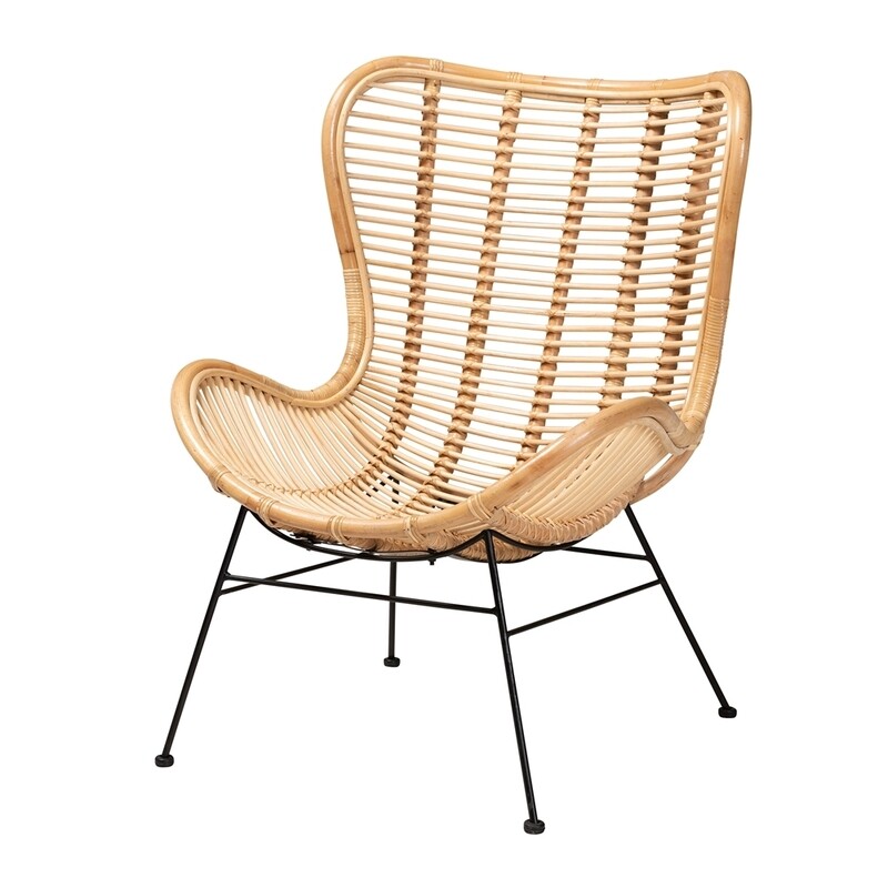 BAXTON STUDIO COLORADO MODERN BOHEMIAN NATURAL BROWN RATTAN AND BLACK METAL ACCENT CHAIR