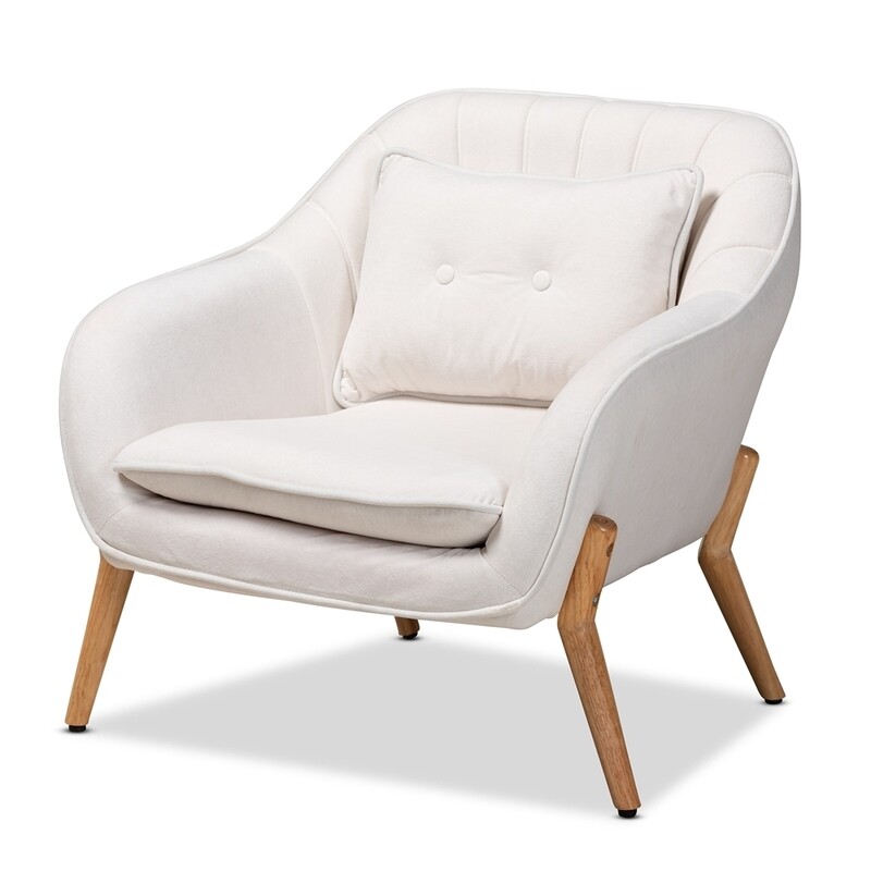 BAXTON STUDIO VALENTINA MID-CENTURY MODERN TRANSITIONAL BEIGE VELVET FABRIC UPHOLSTERED AND NATURAL WOOD FINISHED ARMCHAIR