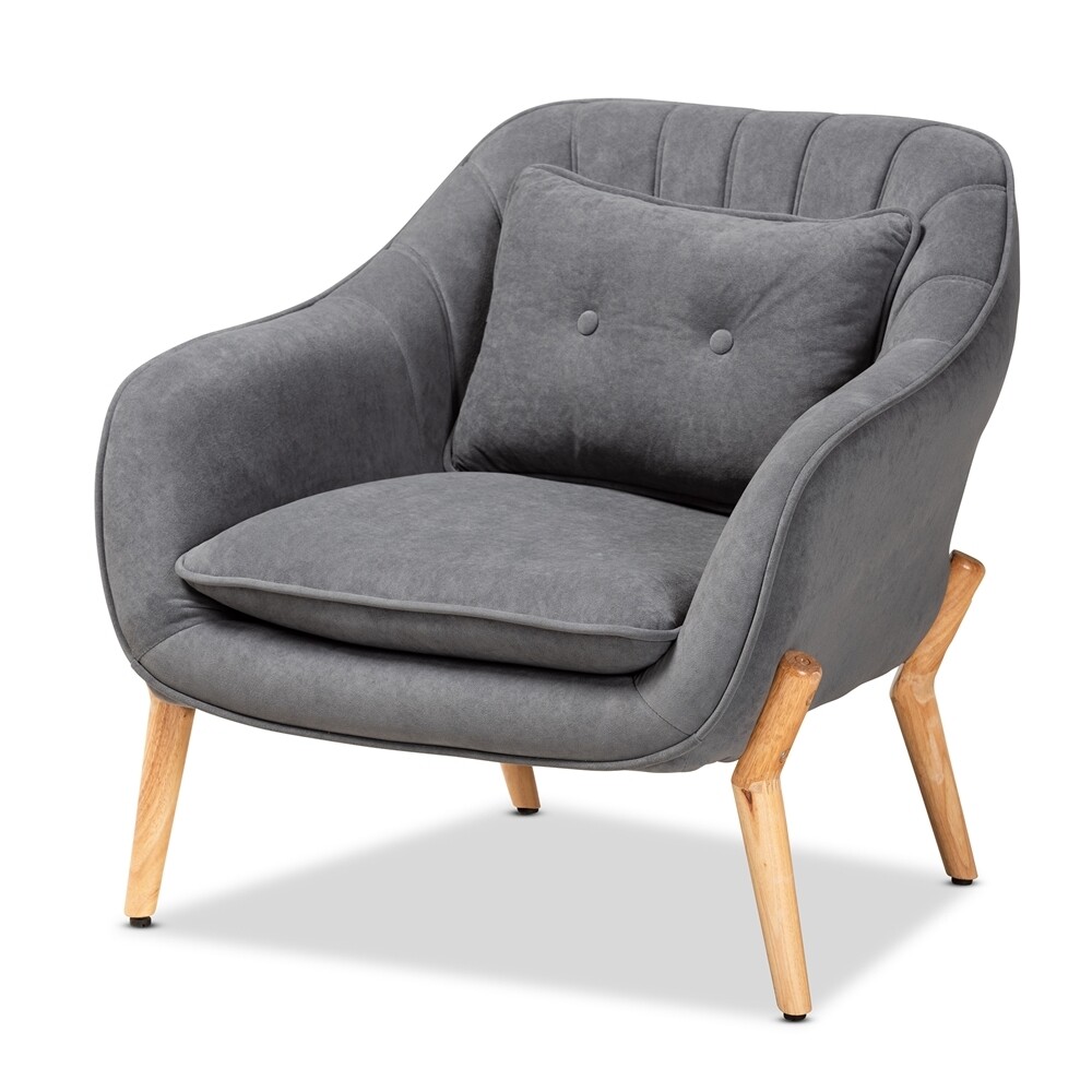 BAXTON STUDIO VALENTINA MID-CENTURY MODERN TRANSITIONAL GREY VELVET FABRIC UPHOLSTERED AND NATURAL WOOD FINISHED ARMCHAIR