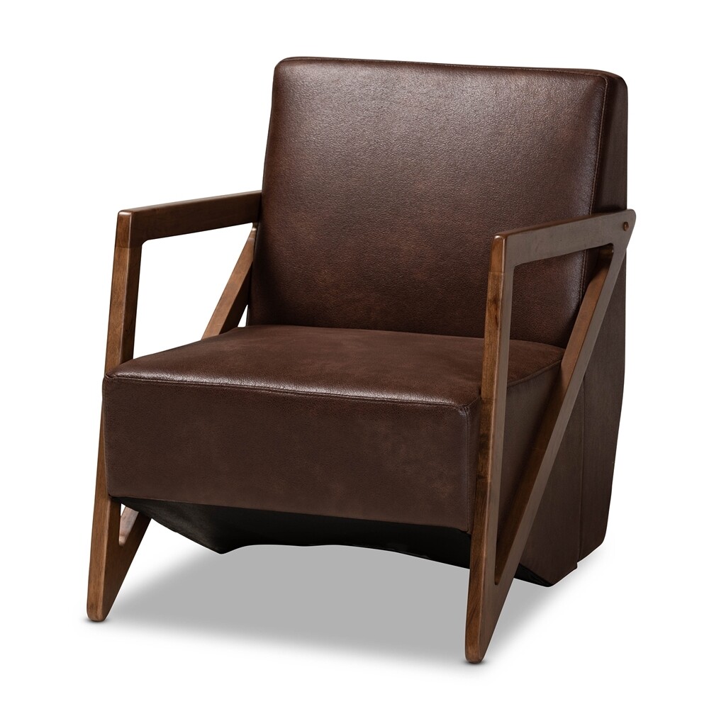 BAXTON STUDIO CHRISTA MID-CENTURY MODERN TRANSITIONAL DARK BROWN FAUX LEATHER EFFECT FABRIC UPHOLSTERED AND WALNUT BROWN FINISHED WOOD ACCENT CHAIR
