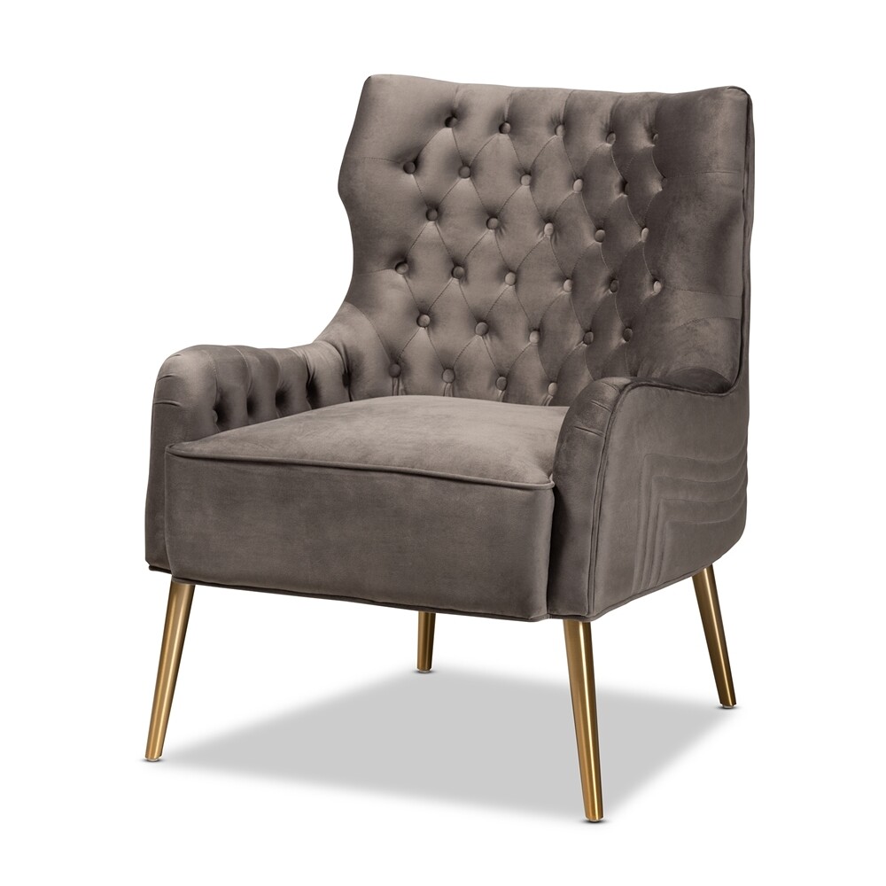BAXTON STUDIO NELSON MODERN LUXE AND GLAM GREY VELVET FABRIC UPHOLSTERED AND GOLD FINISHED METAL ARMCHAIR