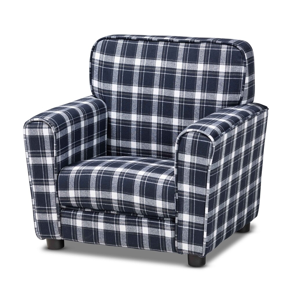 BAXTON STUDIO TALMA MODERN AND CONTEMPORARY BLUE AND WHITE PLAID FABRIC UPHOLSTERED KIDS ARMCHAIR