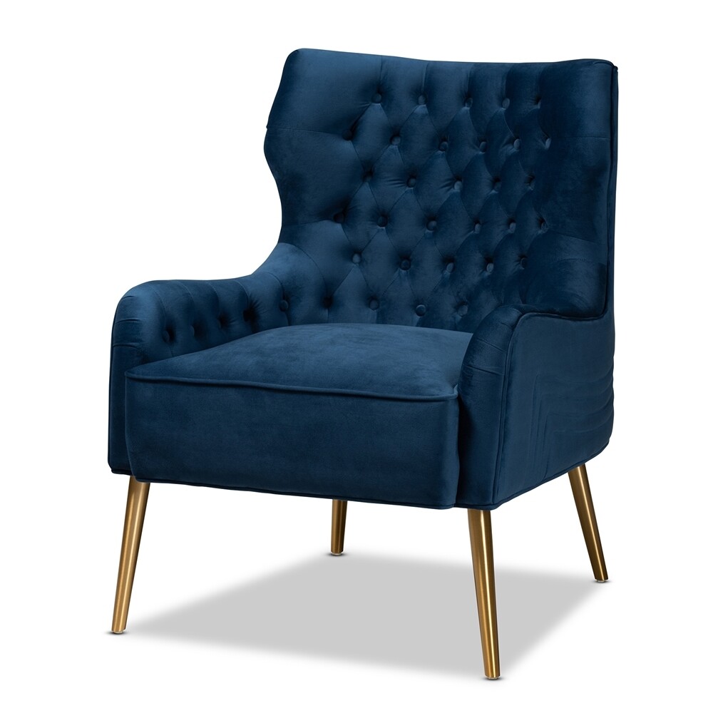BAXTON STUDIO NELSON MODERN LUXE AND GLAM NAVY BLUE VELVET FABRIC UPHOLSTERED AND GOLD FINISHED METAL ARMCHAIR