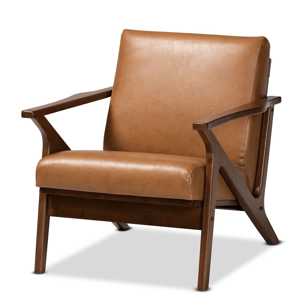 BAXTON STUDIO BIANCA MID-CENTURY MODERN WALNUT BROWN FINISHED WOOD AND TAN FAUX LEATHER EFFECT LOUNGE CHAIR