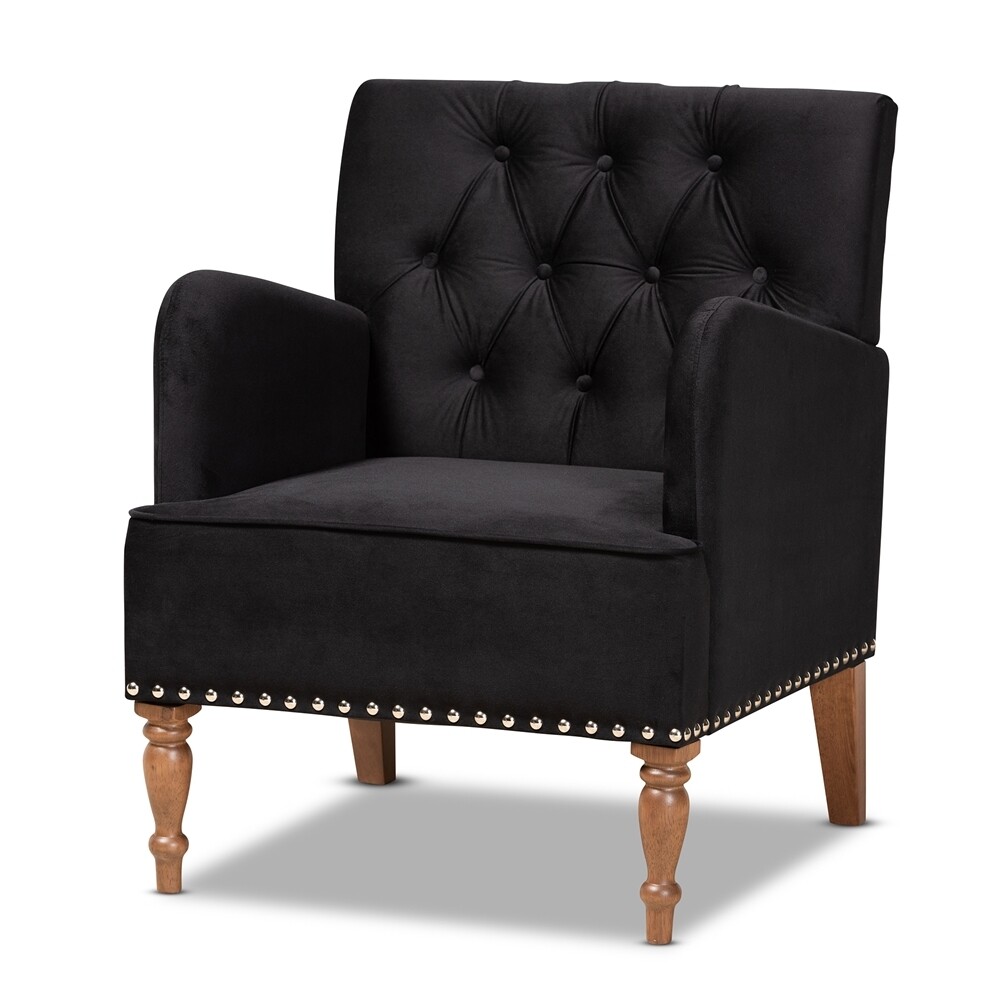 BAXTON STUDIO ERI CONTEMPORARY GLAM AND LUXE BLACK VELVET UPHOLSTERED AND WALNUT BROWN FINISHED WOOD ARMCHAIR