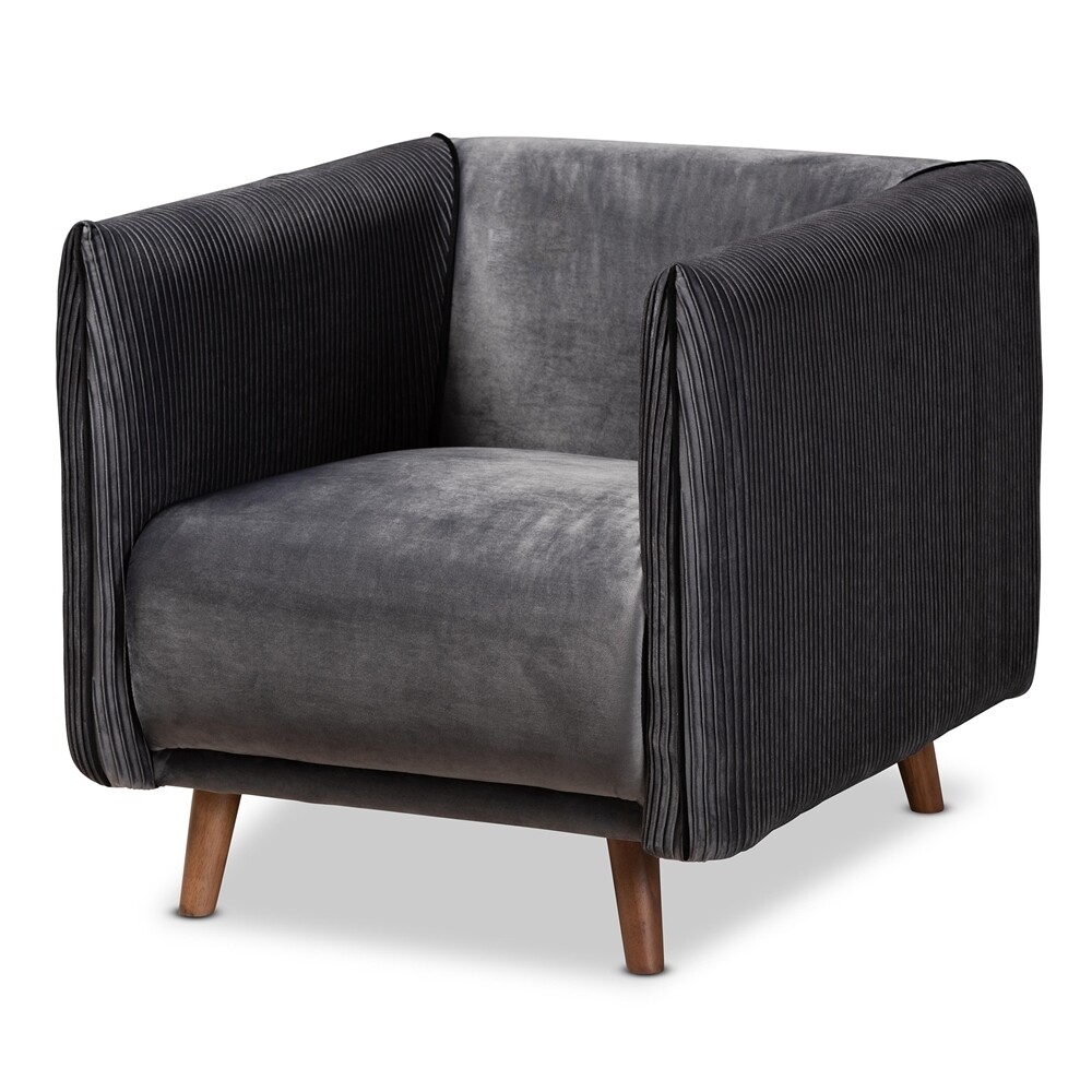 BAXTON STUDIO BEACHER MODERN AND CONTEMPORARY GREY VELVET FABRIC UPHOLSTERED AND WALNUT BROWN FINISHED WOOD ARMCHAIR