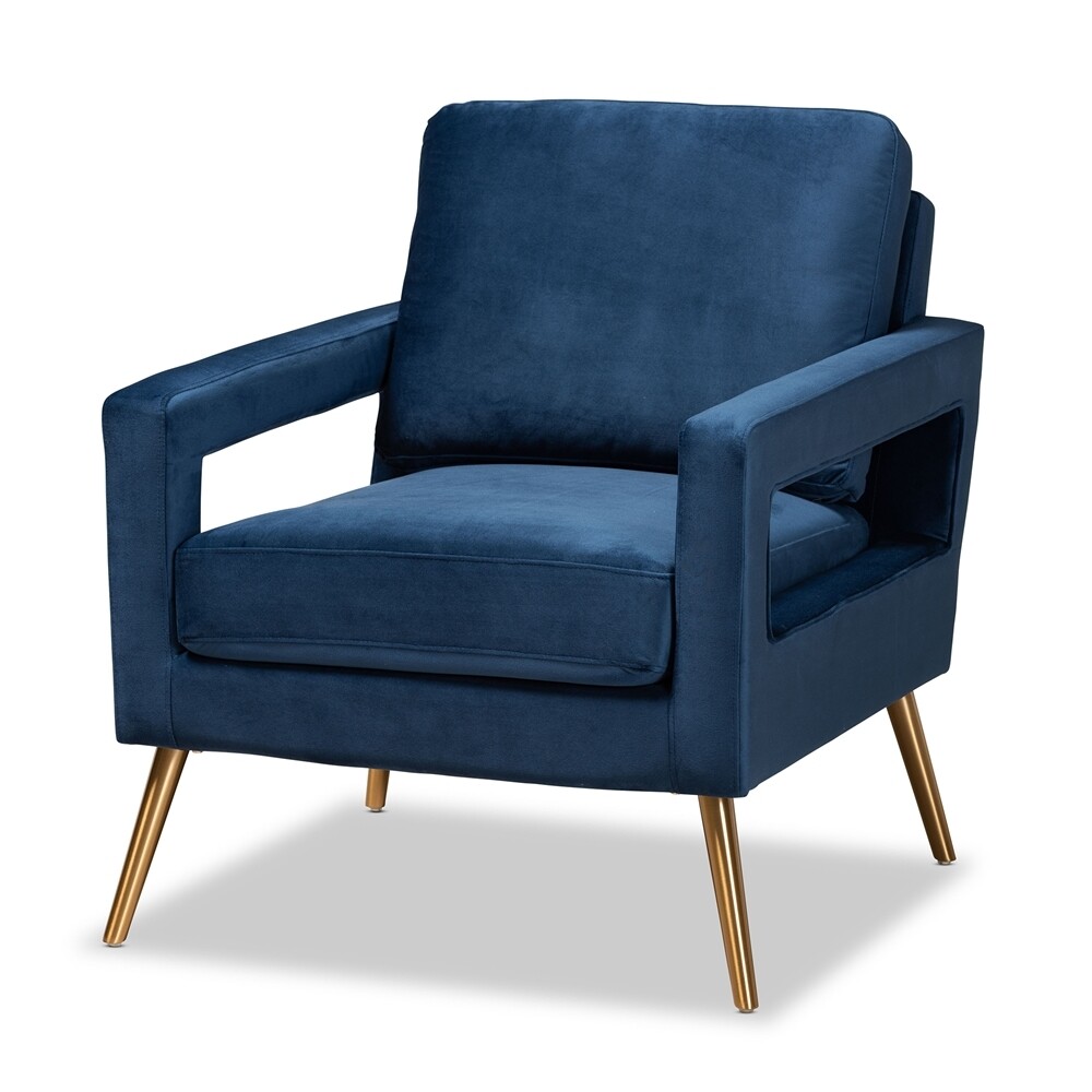 BAXTON STUDIO LELAND GLAM AND LUXE NAVY BLUE VELVET FABRIC UPHOLSTERED AND GOLD FINISHED ARMCHAIR