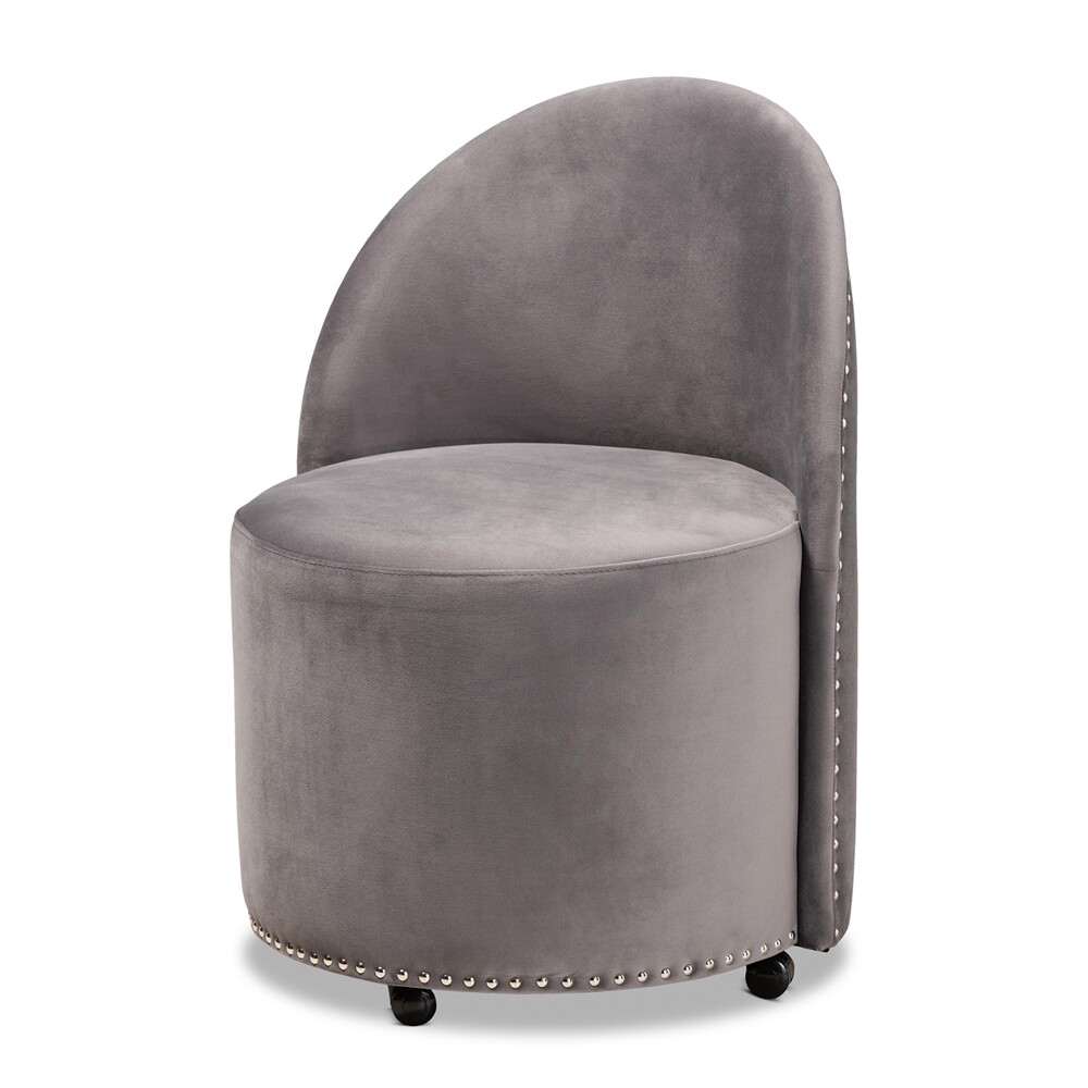 BAXTON STUDIO BETHEL GLAM AND LUXE GREY VELVET FABRIC UPHOLSTERED ROLLING ACCENT CHAIR