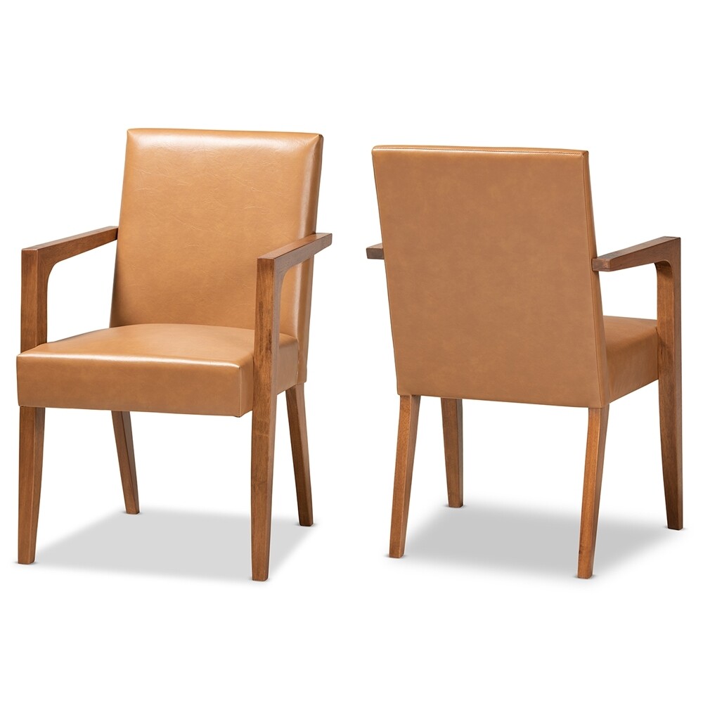 BAXTON STUDIO ANDREA MID-CENTURY MODERN TAN FAUX LEATHER UPHOLSTERED AND WALNUT BROWN FINISHED WOOD 2-PIECE ARMCHAIR SET