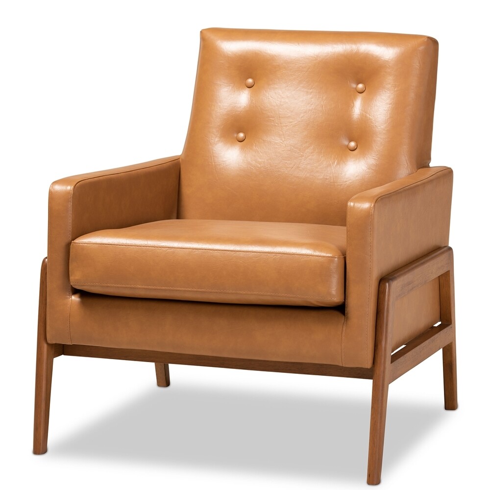 BAXTON STUDIO PERRIS MID-CENTURY MODERN TAN FAUX LEATHER UPHOLSTERED AND WALNUT BROWN FINISHED WOOD LOUNGE CHAIR