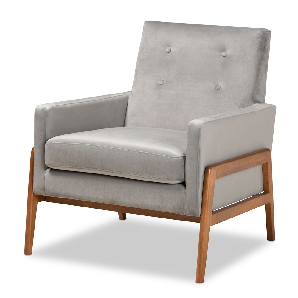BAXTON STUDIO PERRIS MID-CENTURY MODERN GREY VELVET FABRIC UPHOLSTERED AND WALNUT BROWN FINISHED WOOD LOUNGE CHAIR