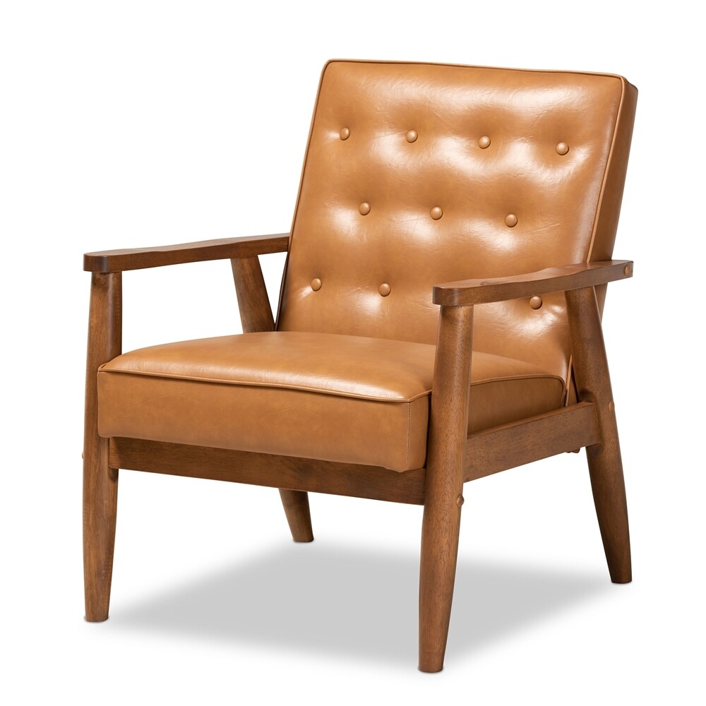 BAXTON STUDIO SORRENTO MID-CENTURY MODERN TAN FAUX LEATHER UPHOLSTERED AND WALNUT BROWN FINISHED WOOD LOUNGE CHAIR
