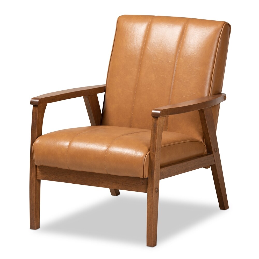 BAXTON STUDIO NIKKO MID-CENTURY MODERN TAN FAUX LEATHER UPHOLSTERED AND WALNUT BROWN FINISHED WOOD LOUNGE CHAIR  It