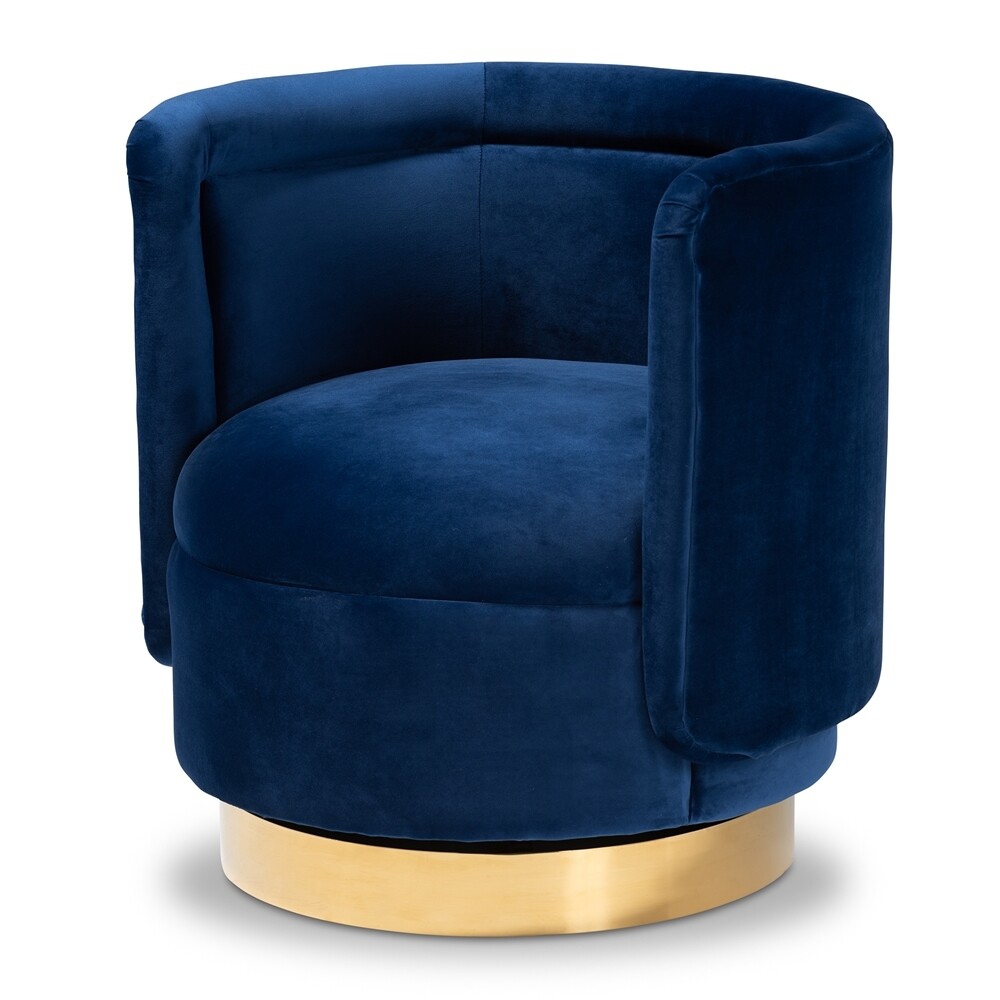 BAXTON STUDIO SAFFI GLAM AND LUXE ROYAL BLUE VELVET FABRIC UPHOLSTERED GOLD FINISHED SWIVEL ACCENT CHAIR