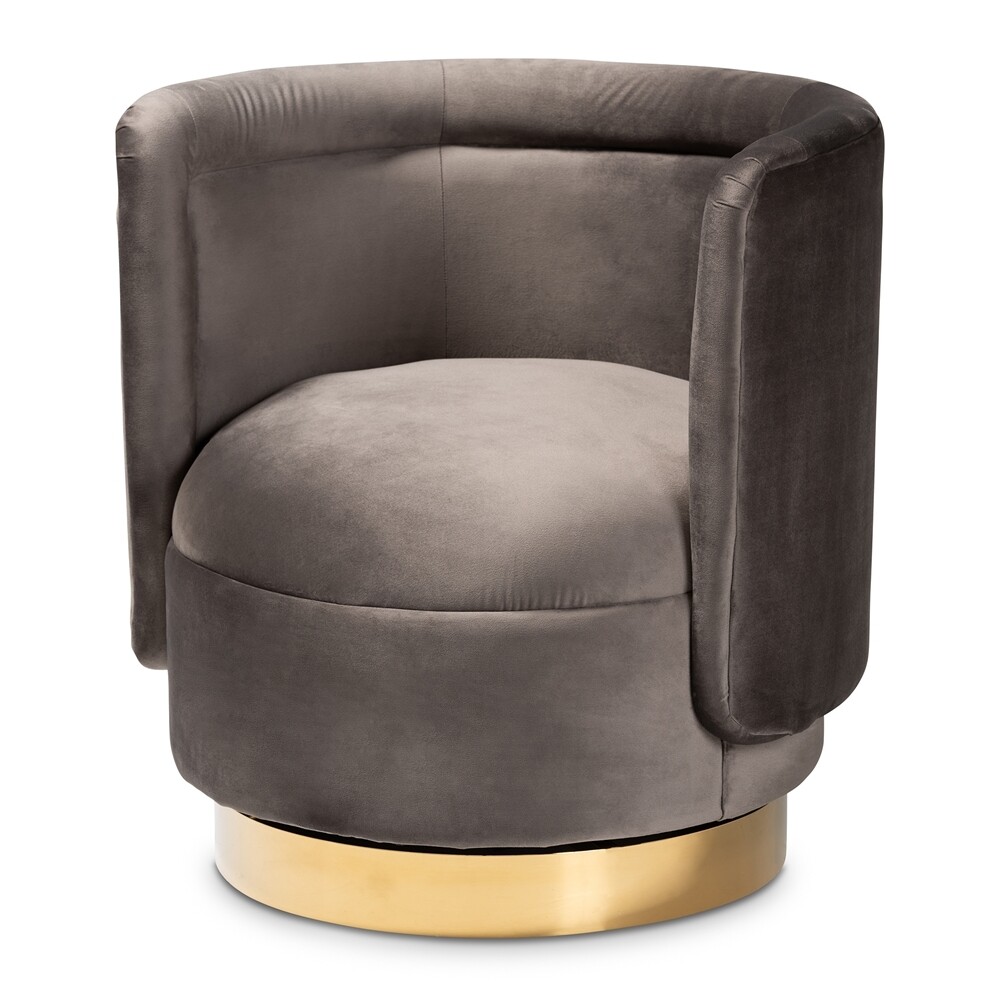 BAXTON STUDIO SAFFI GLAM AND LUXE GREY VELVET FABRIC UPHOLSTERED GOLD FINISHED SWIVEL ACCENT CHAIR
