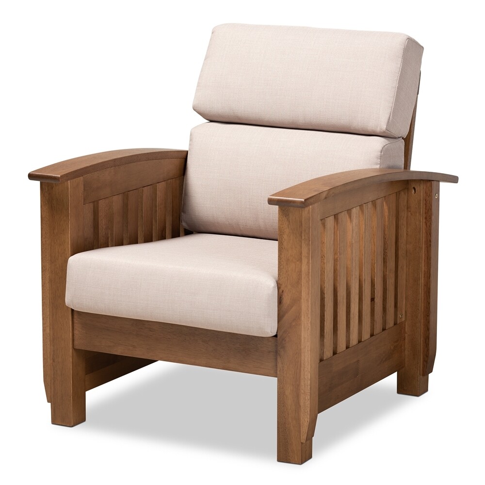 BAXTON STUDIO CHARLOTTE MODERN CLASSIC MISSION STYLE TAUPE FABRIC UPHOLSTERED WALNUT BROWN FINISHED WOOD 1-SEATER LOUNGE CHAIR