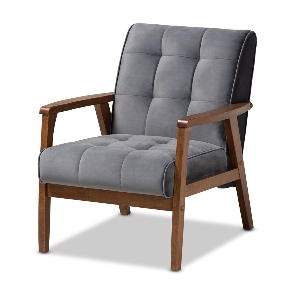 BAXTON STUDIO ASTA MID-CENTURY MODERN GREY VELVET FABRIC UPHOLSTERED WALNUT FINISHED WOOD ARMCHAIR