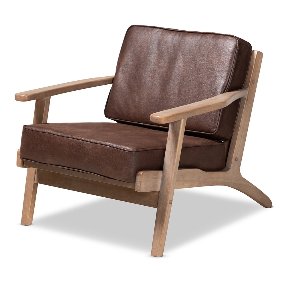 BAXTON STUDIO SIGRID MID-CENTURY MODERN DARK BROWN FAUX LEATHER EFFECT FABRIC UPHOLSTERED ANTIQUE OAK FINISHED WOOD ARMCHAIR