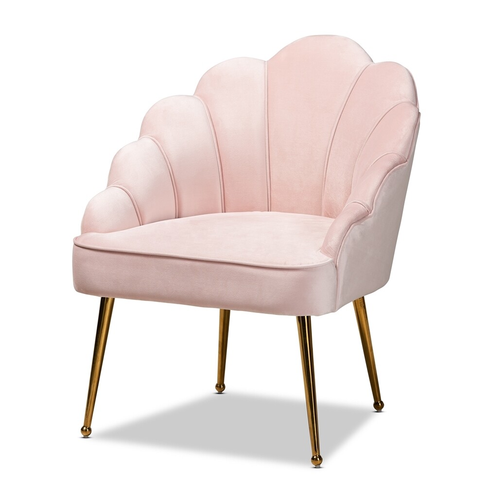 BAXTON STUDIO CINZIA GLAM AND LUXE LIGHT PINK VELVET FABRIC UPHOLSTERED GOLD FINISHED SEASHELL SHAPED ACCENT CHAIR