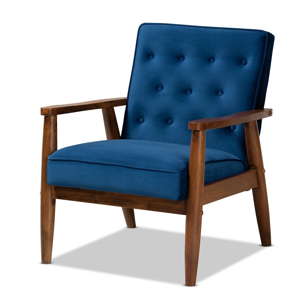 BAXTON STUDIO SORRENTO MID-CENTURY MODERN NAVY BLUE VELVET FABRIC UPHOLSTERED WALNUT FINISHED WOODEN LOUNGE CHAIR