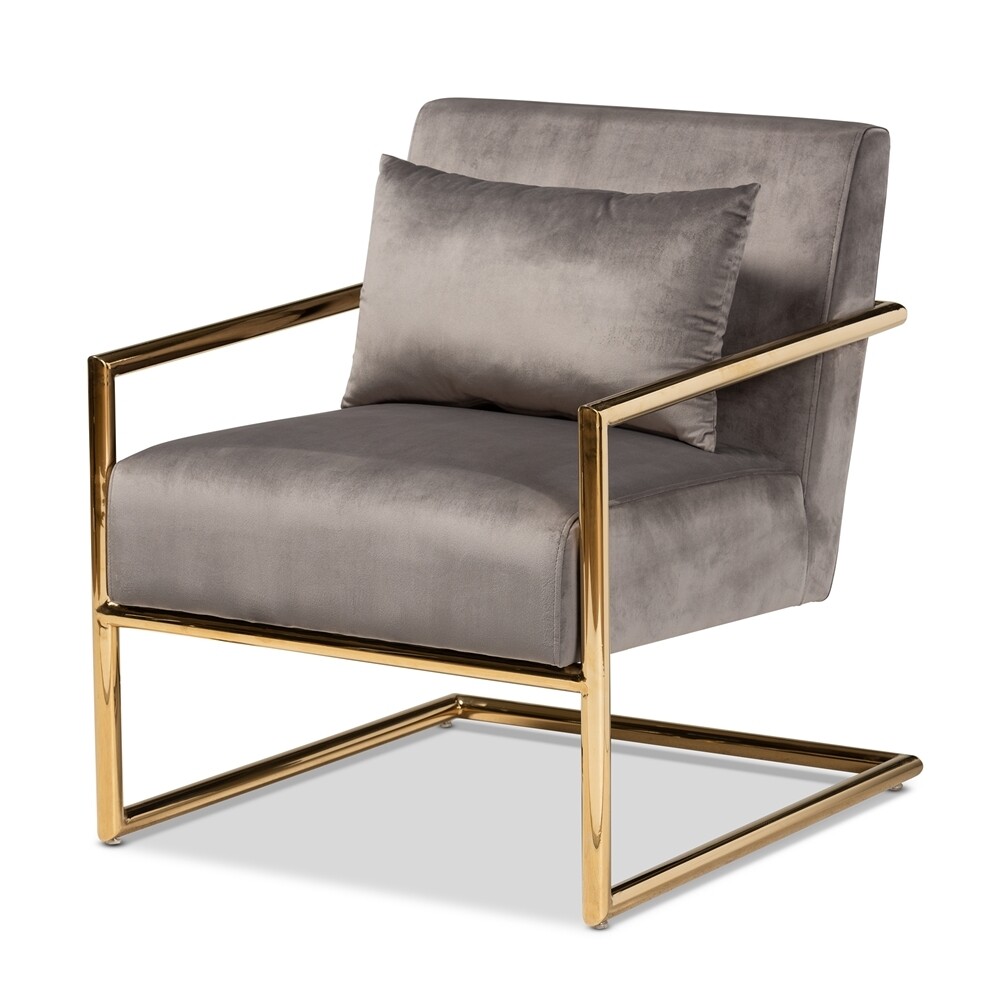 BAXTON STUDIO MIRA GLAM AND LUXE GREY VELVET FABRIC UPHOLSTERED GOLD FINISHED METAL LOUNGE CHAIR