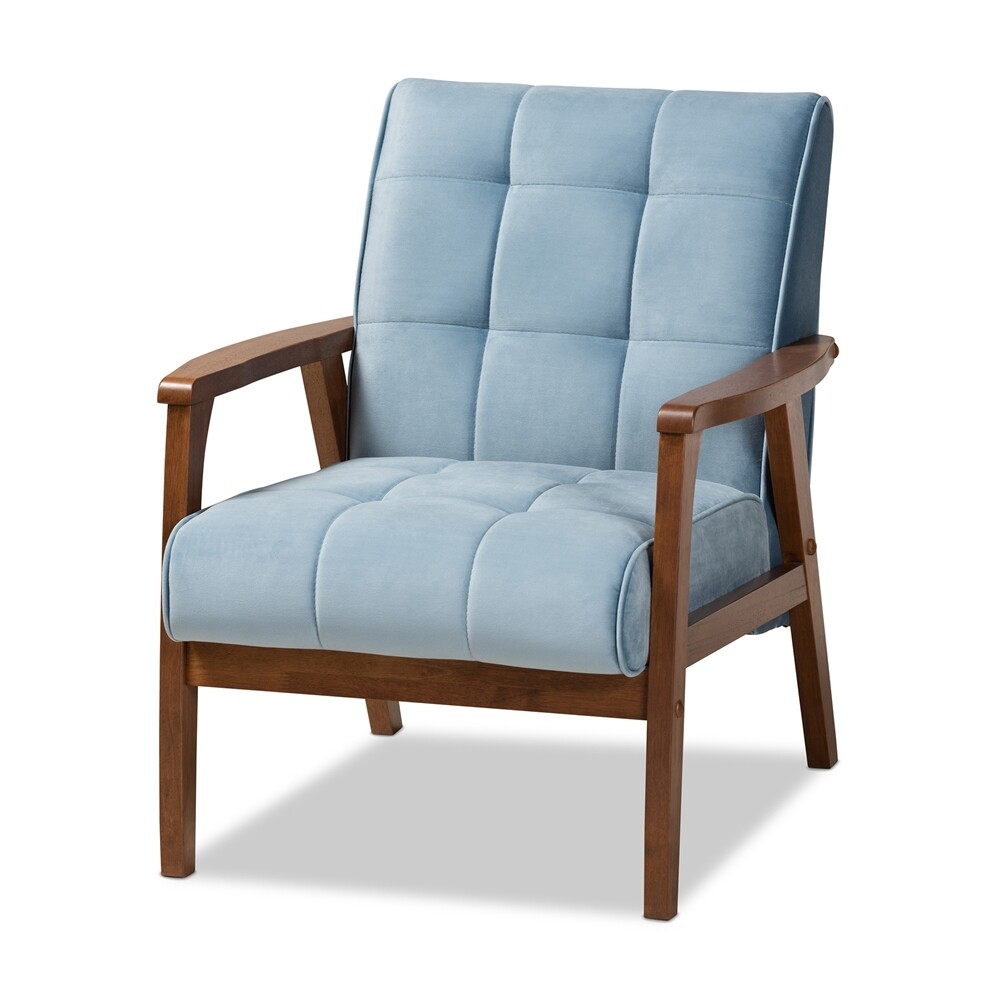 BAXTON STUDIO ASTA MID-CENTURY MODERN LIGHT BLUE VELVET FABRIC UPHOLSTERED WALNUT FINISHED WOOD ARMCHAIR