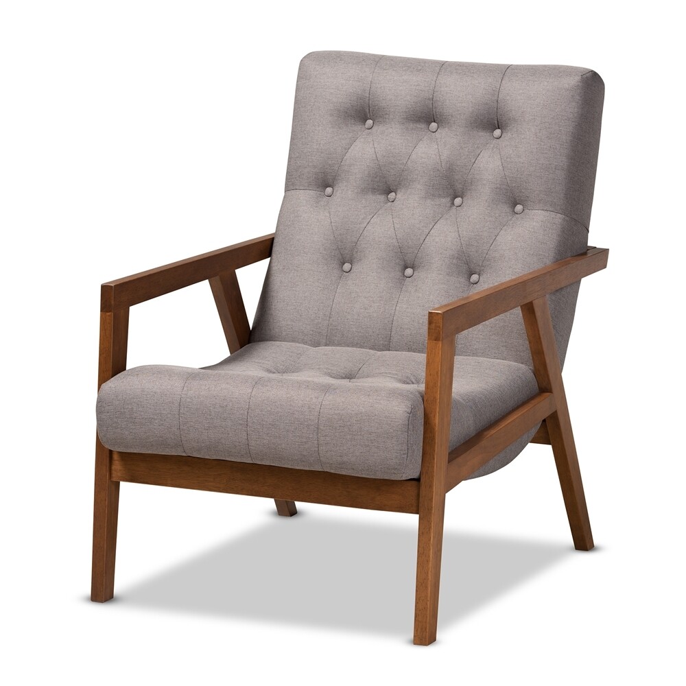 BAXTON STUDIO NAEVA MID-CENTURY MODERN GREY FABRIC UPHOLSTERED WALNUT FINISHED WOOD ARMCHAIR