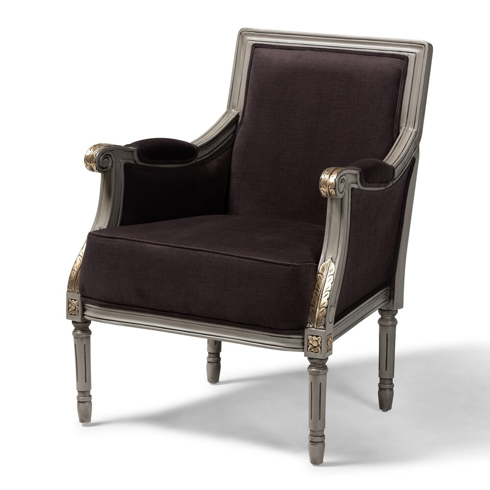 BAXTON STUDIO GEORGETTE CLASSIC AND TRADITIONAL FRENCH INSPIRED BROWN VELVET UPHOLSTERED GREY FINISHED ARMCHAIR WITH GOLDLEAF DETAILING