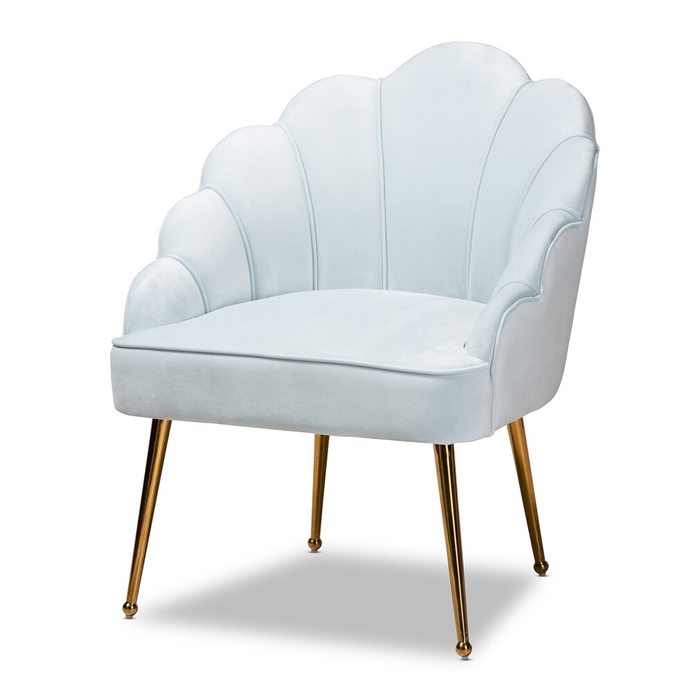 BAXTON STUDIO CINZIA GLAM AND LUXE LIGHT BLUE VELVET FABRIC UPHOLSTERED GOLD FINISHED SEASHELL SHAPED ACCENT CHAIR