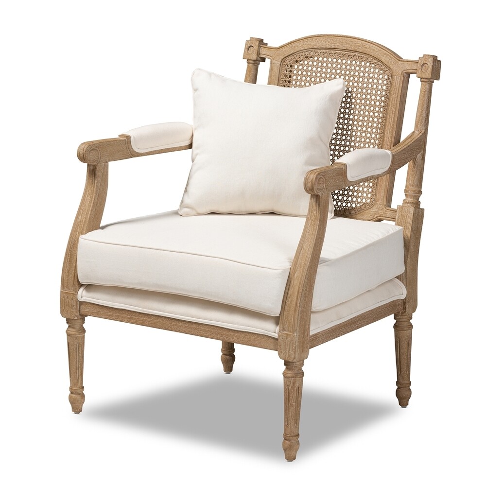 BAXTON STUDIO CLEMENCE FRENCH PROVINCIAL IVORY FABRIC UPHOLSTERED WHITEWASHED WOOD ARMCHAIR