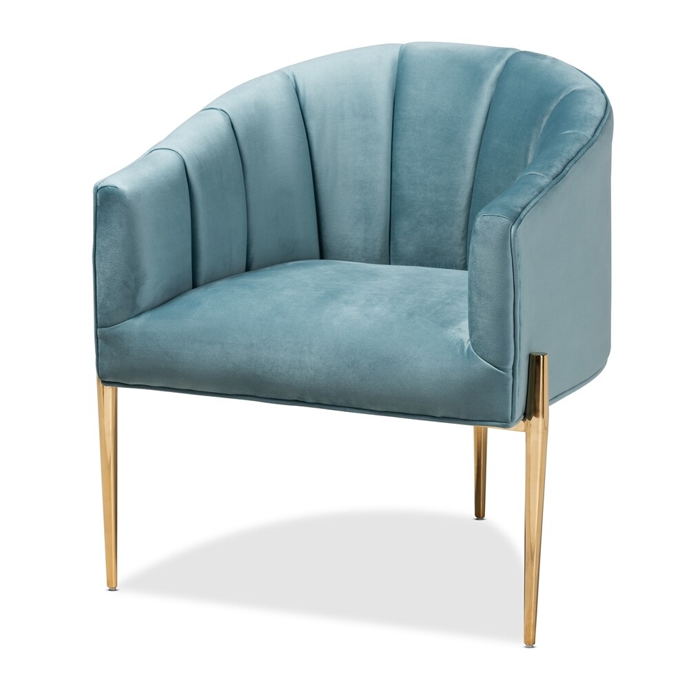 BAXTON STUDIO CLARISSE GLAM AND LUXE LIGHT BLUE VELVET FABRIC UPHOLSTERED GOLD FINISHED ACCENT CHAIR