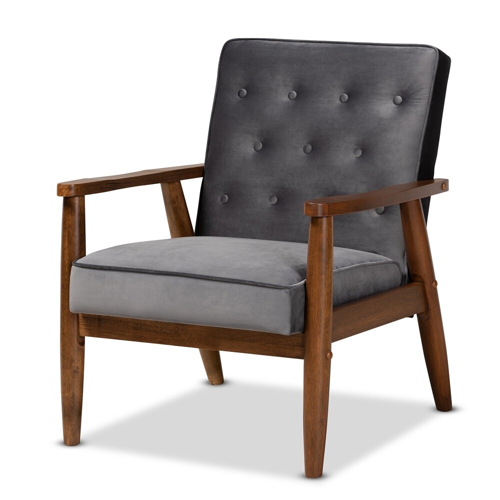 BAXTON STUDIO SORRENTO MID-CENTURY MODERN GREY VELVET FABRIC UPHOLSTERED WALNUT FINISHED WOODEN LOUNGE CHAIR