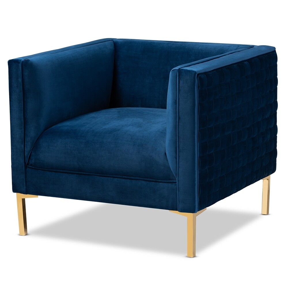 BAXTON STUDIO SERAPHIN GLAM AND LUXE NAVY BLUE VELVET FABRIC UPHOLSTERED GOLD FINISHED ARMCHAIR