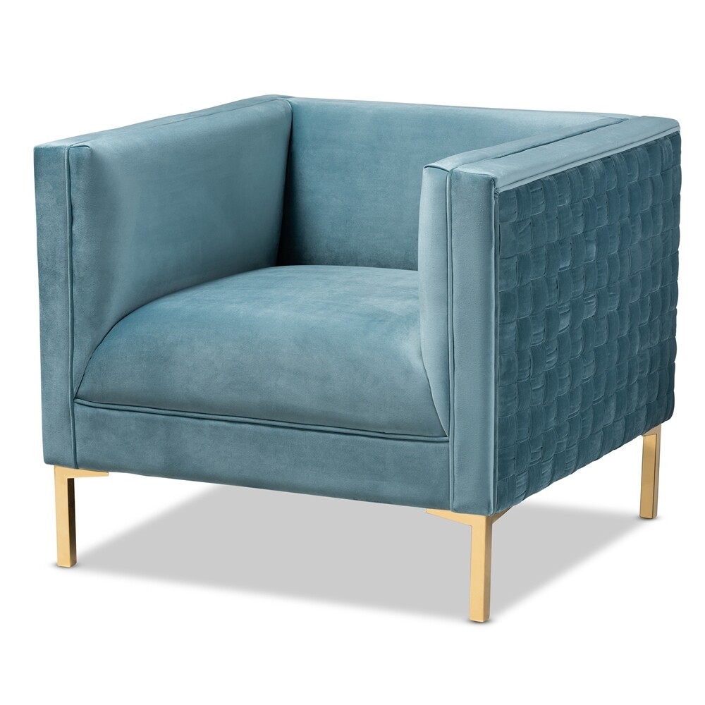 BAXTON STUDIO SERAPHIN GLAM AND LUXE LIGHT BLUE VELVET FABRIC UPHOLSTERED GOLD FINISHED ARMCHAIR
