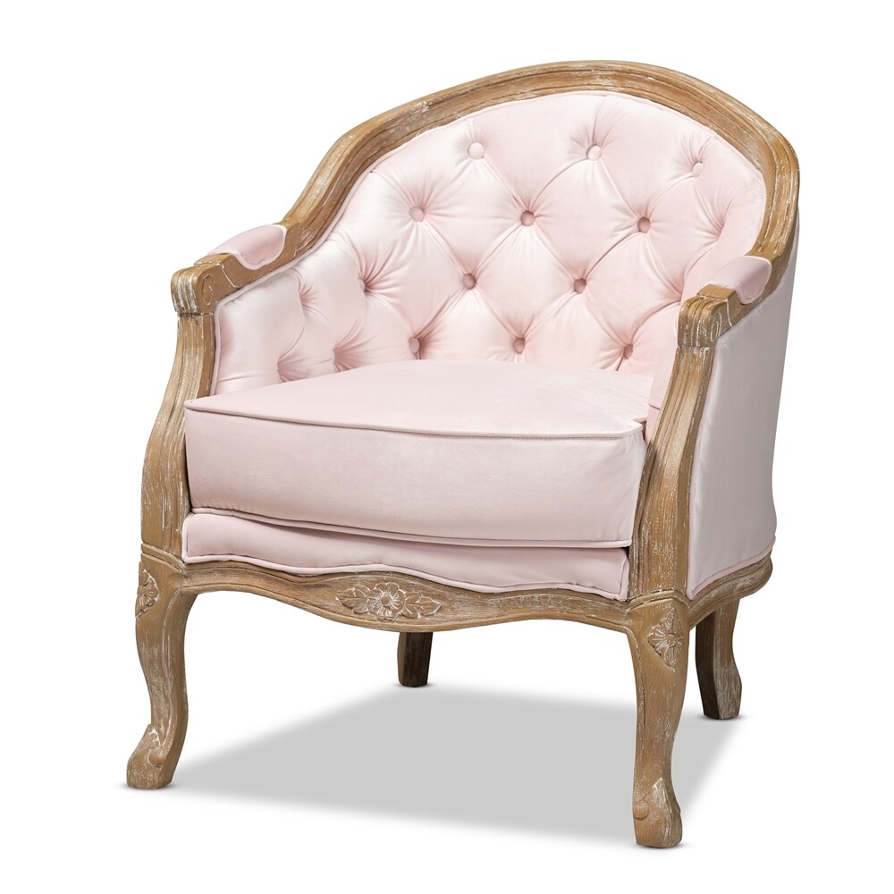 BAXTON STUDIO GENEVIEVE TRADITIONAL FRENCH PROVINCIAL LIGHT PINK VELVET UPHOLSTERED WHITE-WASHED OAK WOOD ARMCHAIR