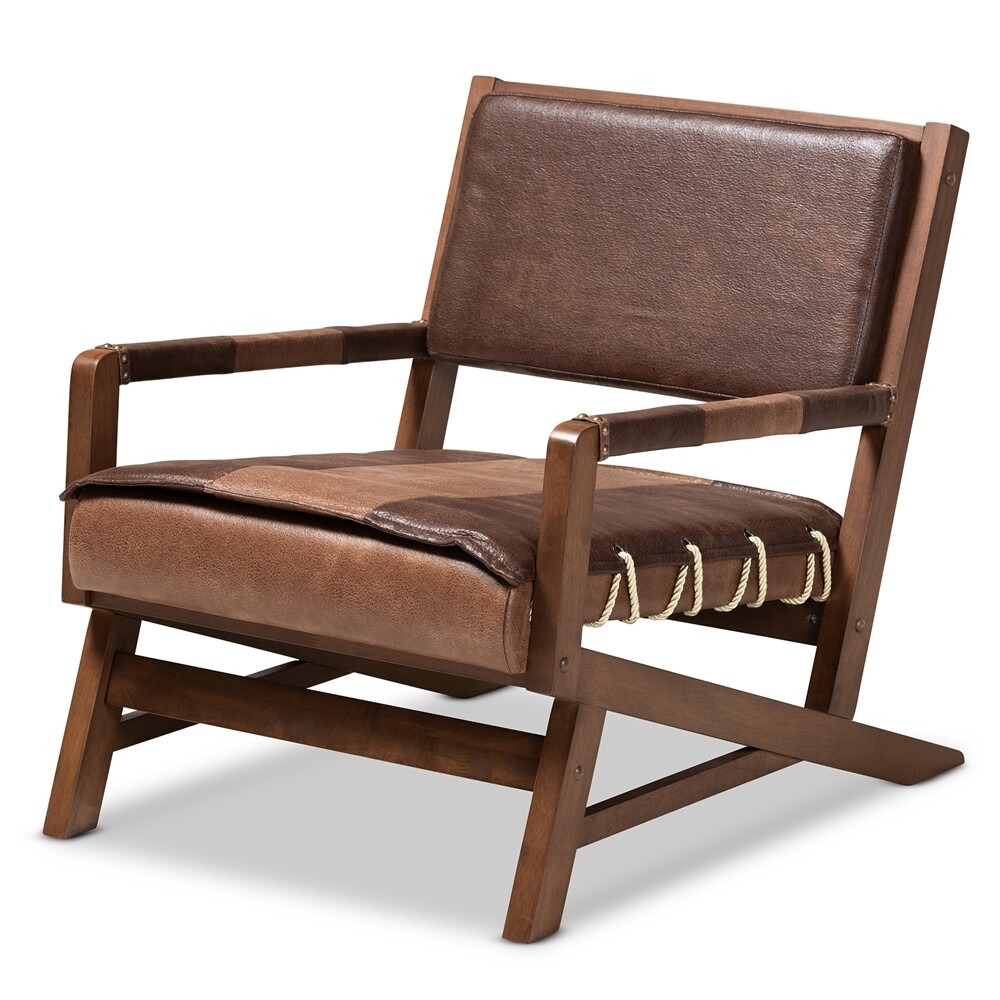 BAXTON STUDIO ROVELYN RUSTIC BROWN FAUX LEATHER UPHOLSTERED WALNUT FINISHED WOOD LOUNGE CHAIR