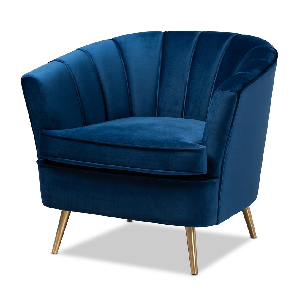 BAXTON STUDIO EMELINE GLAM AND LUXE NAVY BLUE VELVET FABRIC UPHOLSTERED BRUSHED GOLD FINISHED ACCENT CHAIR